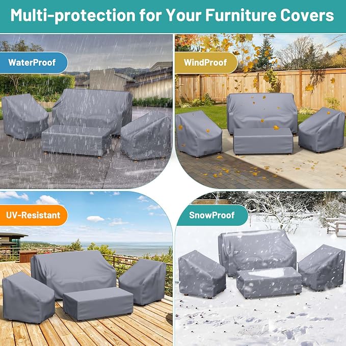 Mrrihand Patio Furniture Covers, 4 Piece Outdoor Furniture Covers Waterproof includ Ourdoor Sofa Cover, 2 Chair Covers, Coffee Table Cover with Windproof Buckle Strap and Adjustable Drawstring-Grey