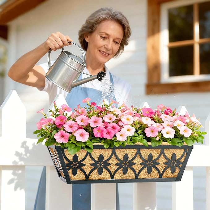 16 Inch Window Boxes Planters Railing Planter Box - 4 Pack Deck Railing Planter Boxes with Adjustable Brackets Coco Liners Balcony Planters Railing Hanging for Window Flower Boxes Outdoor Garden Decor