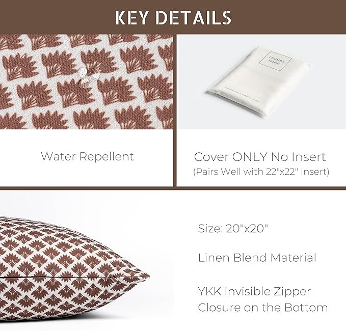 Crumbs Home Modern Farmhouse California Casual Indoor Outdoor Throw Pillow Cover, 20"x20" Water Repellent for Patio, Backyard, Couch, Poolside, Cocoa Brown Print Ravenala Palm Tree