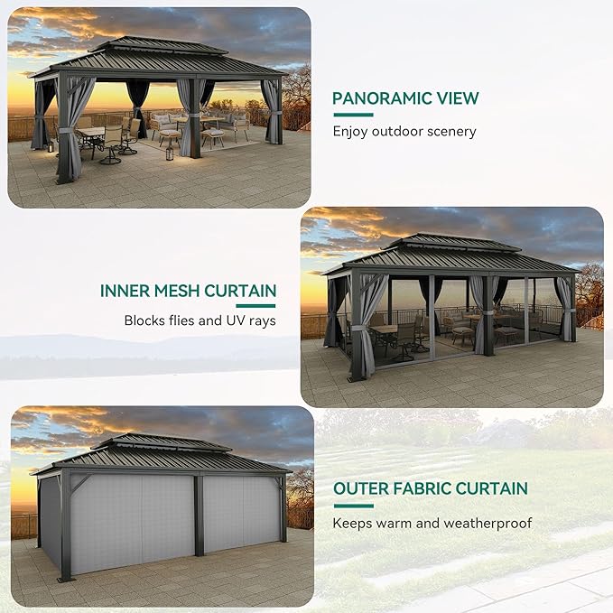 YITAHOME 12X20FT Hard Top Metal Gazebo Patios Double Roof Canopy Aluminum Frame Garden Gazebo Tent Curtains Netting for Patios Backyards Decks Lawns Gray