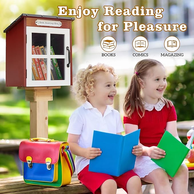 Outdoor Book Storage Box: Natural Wood Library Box with Reinforced Waterproof Roof, DIY Book Sharing Storage Box for Outside Neighborhoods Community Schools (Red Sloped Roof)