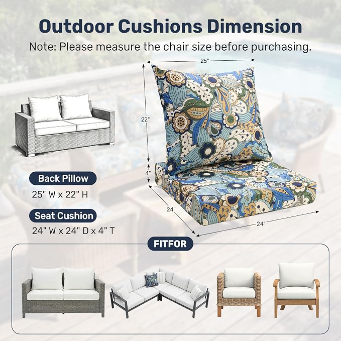 UNIKOME Outdoor Seat Cushions 24 X 24 Inch - Water-Resistant & Fade Resistant, Removable Cover Patio Furniture Cushions for Chair, Sofa, Couch, Wicker, Sun Flower