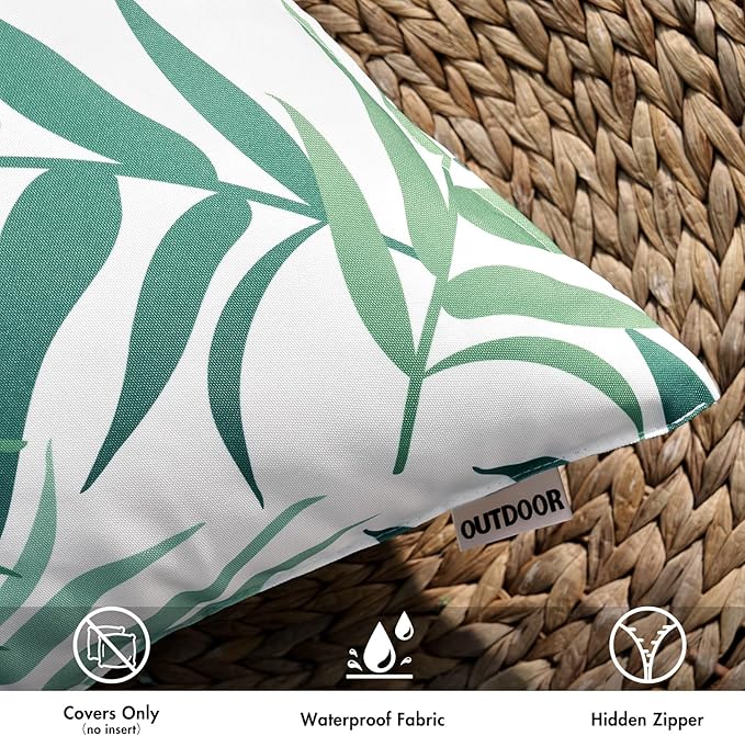 MIULEE Pack of 2 Decorative Outdoor Waterproof Throw Pillow Covers Patio Pillow Cases Natural Leaves Pattern Spring Square Cushion Shams Shell for Garden Balcony Couch 20x20 Inch, Sage Green