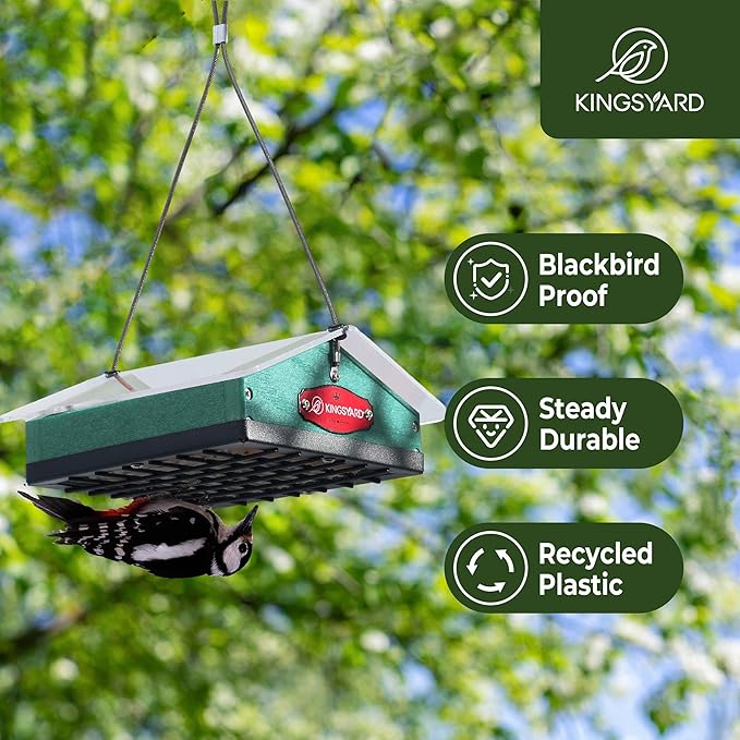 Kingsyard Upgraded Upside Down Suet Feeder for Outside Hanging - Recycled Plastic Wild Bird Feeder with Rainproof Roof for Attracting Woodpeckers Nuthatches Chickadees Finches. Green