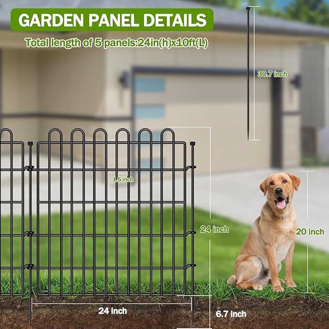 5 Panels No Dig Decorative Garden Fence for Yard, 24 in(H) X 10 ft(L) Animal Barrier Fencing for Outdoor Dog, Metal Portable Garden Fences for Borders, Pets, Landscape, Temporary Fence