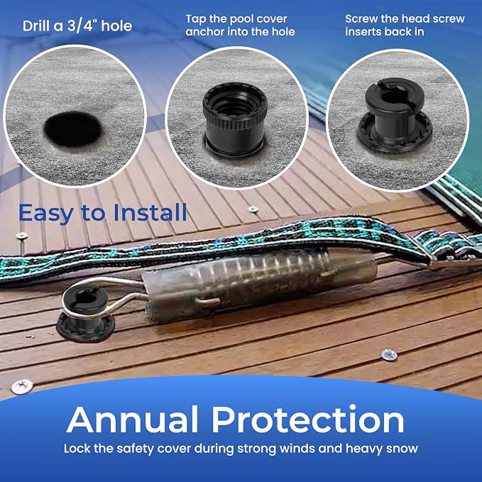 【Pool Safety Cover Anchors】 24-Pack High Capacity Set for Inground Pool Covers, Upgraded PPS Plastic Anchors Resist Wind Lift, Corrosion Proof, Easy No-Tool Twist-in for Concrete Pavers