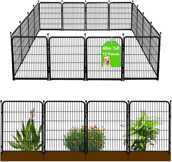 Getlay Doorless Dog Digging Fence Barrier,48in(H) 12 Panels Total 26.6 Ft(L), Black Metal Fencing for Yard 4ft Tall, Dog Fence Outdoor for Yard, Fencing for Garden Beds, Garden Fences Border