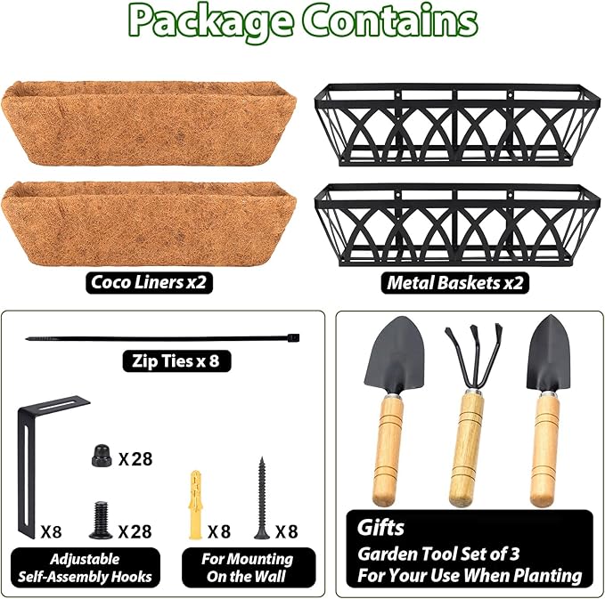 LCHUANG Deck Railing Planter Window Box - 2 Pack 24 Inch Deck Balcony Rail Planter with Coconut Coir Liner, Fence Metal Hanging Flower Planter Basket Deck Railing Planter Boxes for Outdoor Lawn