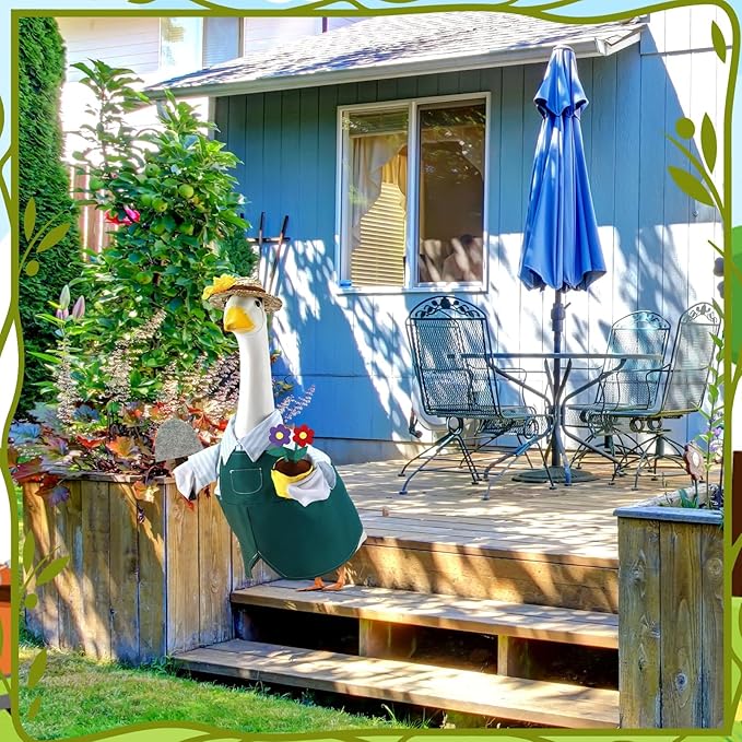 Gardener Porch Goose Outfits for 23 Inch Lawn Statue, Spring Gardener with Flower Pot and Shovel Costume for Plastic/Cement Statue, Summer Sculpture Clothes for Yard Patio Party Decoration