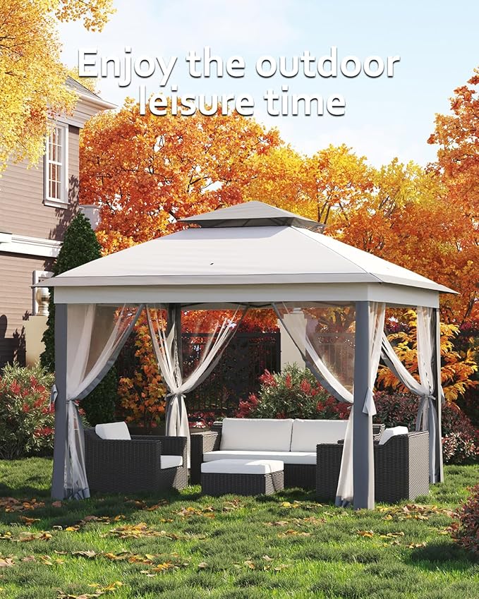 Garveelife 11x11 Pop Up Gazebo Tent with Mosquito Netting, Outdoor Canopy Shelter Easy Setup, Water & UV Resistant - Grey