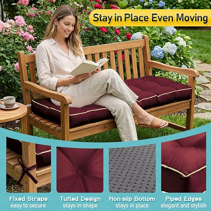 Outdoor Bench Cushion, Tufted Patio Seat Pad for Garden Bench, Porch Swing, Indoor/Outoor Furniture (Red, 60X18X5)