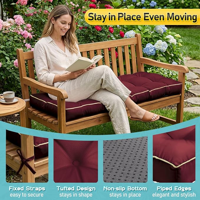 Outdoor Bench Cushion, Tufted Patio Seat Pad for Garden Bench, Porch Swing, Indoor/Outoor Furniture (Red, 42X16X4)