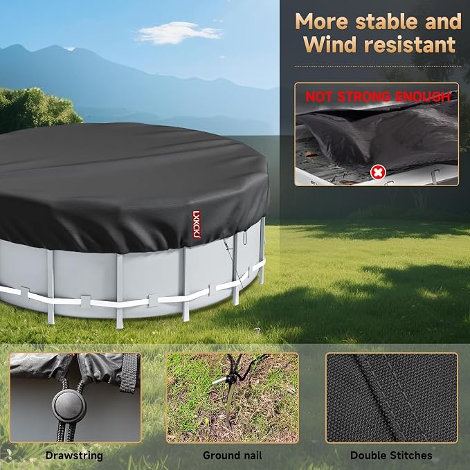 LXKCKJ 18 FT Pool Cover for Above Ground Pools, Round 420D Oxford Tarp | Tear-Resistant, Waterproof , Windproof With Buckles & Ground Nails Set, UPF50+ UV Protection, Cold-Resistant, Keep Pool Clean