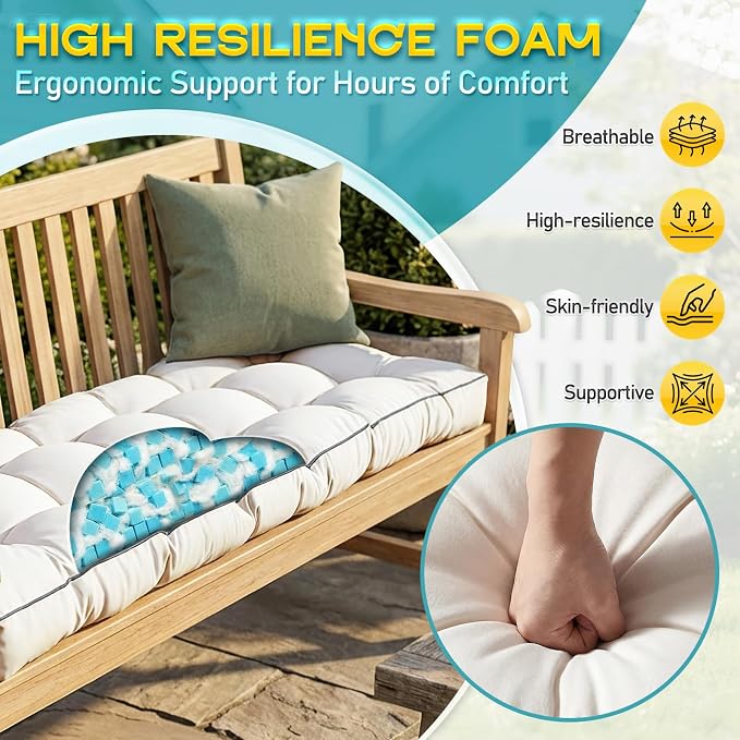 Outdoor Bench Cushion, Tufted Patio Seat Pad for Garden Bench, Porch Swing, Indoor/Outoor Furniture (Cream, 60X18X5)
