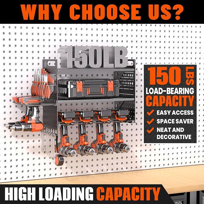 16.5“W Power Tool Organizer Wall Mount,Small Cordless Tool Organizer with 6 Drill Holder, 150 Lbs Capacity 3-Layer Garage Organization for Garage and Workshop (Black)