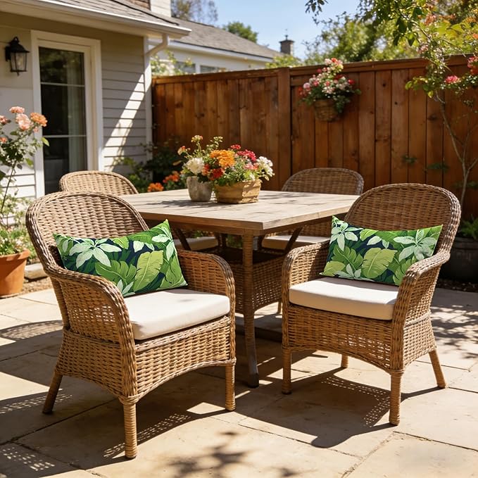 LVTXIII Set of 2 Patio Lumbar Pillows, 12" x 20" Fade Resistant Outdoor Lumbar Pillow with Inners, Fluffy Decorative Garden Lumbar Cushions for Home Patio Coach Sofa Use, Jungle Leaves