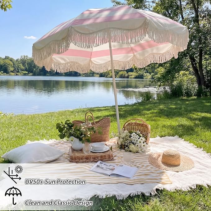 6.5 Ft Fringe Patio Umbrella and 71"x 91" Extra Large White Picnic Blanket UPF50+ Outdoor Tassels Ruffles Beach Umbrella with Steel Pole for Camping Patio Lawn Beach Park