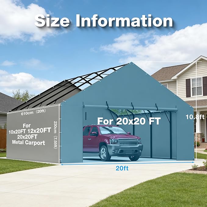 Metal Carport Replacement Sidewall Kit for 20x20 FT, 2 Side Panels & 2 Zipper Doors, Heavy Duty 220g PE Tarp, Waterproof UV Resistant Roll-Up Cover, Grey (No Frame)