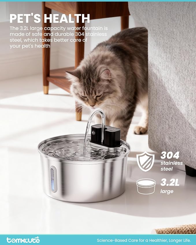 Wireless Cat Water Fountain - 108oz/3.2L Automatic Cat Water Fountain Cordless, Stainless Steel Battery Operated Pet Fountain Rechargeable Water Dispenser for Cats, Dogs, Multiple Pets