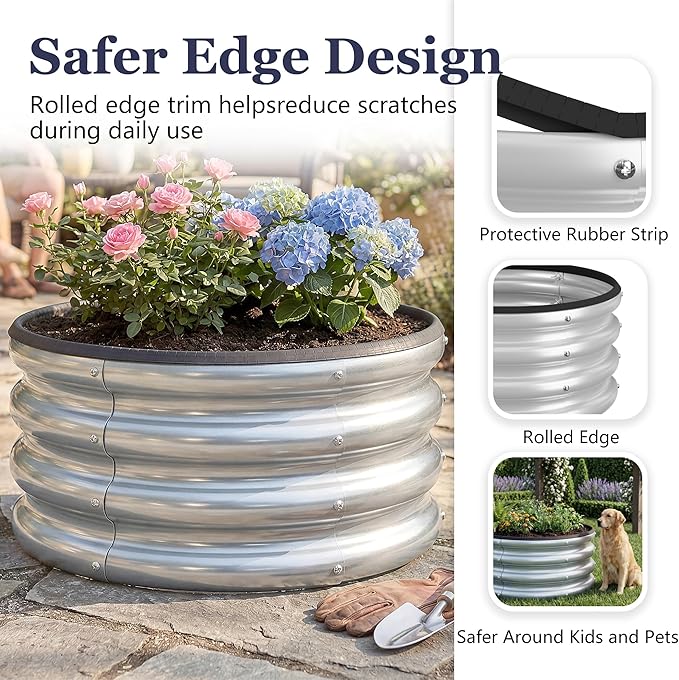 2 x 2 x 1 ft Round Raised Garden Bed, Silver 1 Pack 0.6 mm Thick Galvanized Steel Planter Box with Double Layer Paint and Safety Edge Trim for Vegetables Flowers Herbs Outdoor Garden