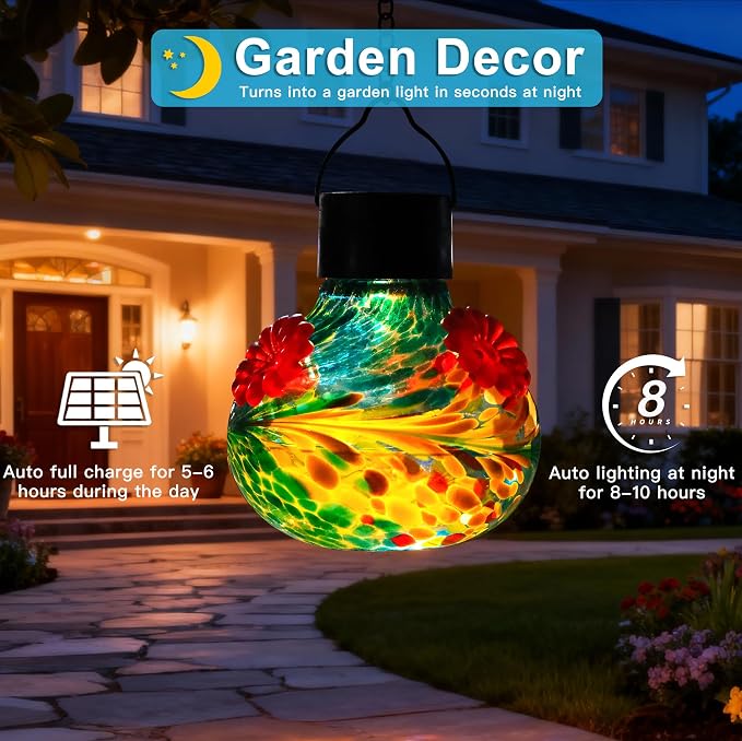 SAVENNA Hand Blown Glass Solar Hummingbird Feeder with Soft Night Light,17oz Leak-Proof Decorative Feeder for Outdoor Garden Patio Yard–Teal & Yellow Phoenix Swirl