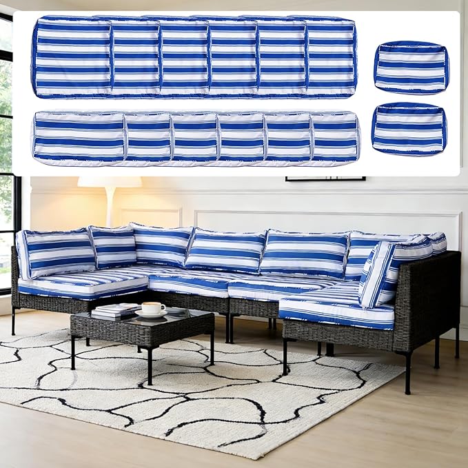 14Pcs Outdoor Cushion Covers Replacement Washable Waterproof UV w/Zipper for 6-Seaters Sofa Patio Slipcovers Set Seat and Back Covers Only (Deepblue Stripe, 23.6x23.6inch)