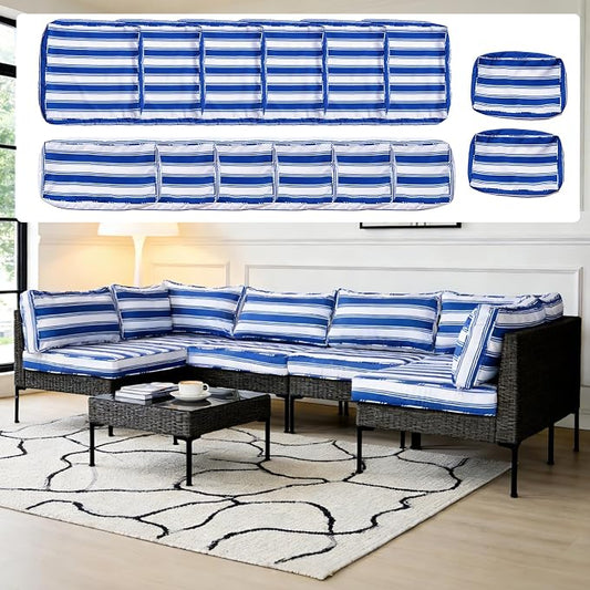 14Pcs Outdoor Cushion Covers Replacement Washable Waterproof UV w/Zipper for 6-Seaters Sofa Patio Slipcovers Set Seat and Back Covers Only (Deepblue Stripe, 25x25x3.15inch)