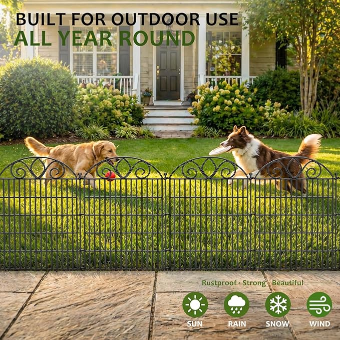 5 Panels No Dig Tall Garden Fence Panel – 44" H X 11.8' L Rustproof Metal Dog Fence Outdoor for Yard, Decorative Animal Barrier Fence for Pet, Garden Border, Patio, Flower Beds| Temporary Fencing
