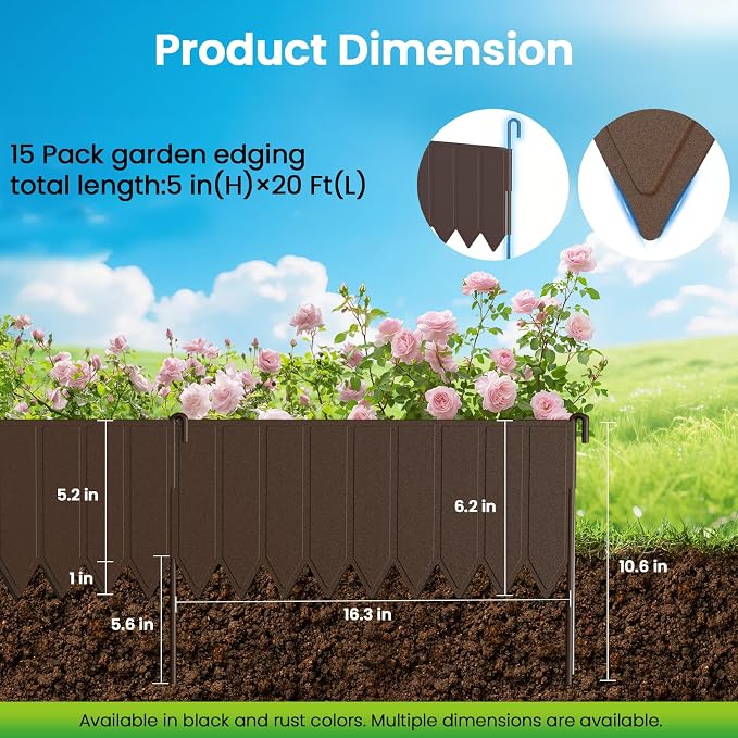 15 Panels Metal Landscape Edging, 6.2in (H) x 20 ft (L)–No Dig Garden Edging with 16 Stakes, Modular Adjustable 0-270°for Tree Rings & Yard Pathways, Matte Finish, Anti-Rust Metal Garden Border (Rust)