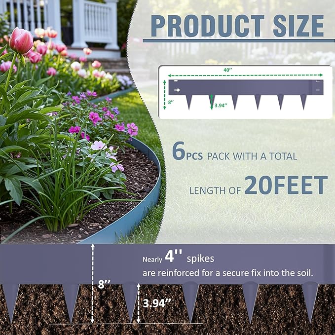 STIRLINGEAR 6 Pack Metal Landscape Edging- 40" L x 8" H (20ft Total) Lawn Edging, Garden Border Edging, Metal Edging for Landscaping with Gloves (Gray-Blue)