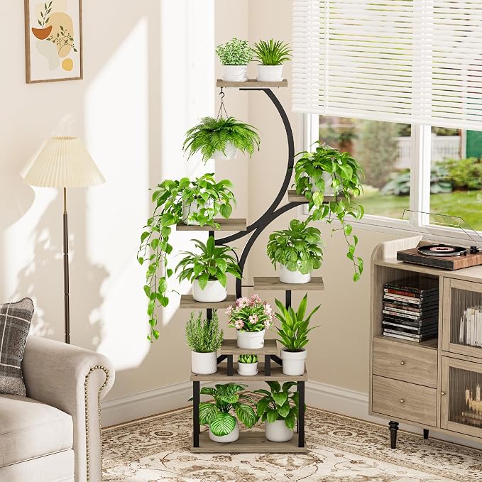 Plant Stand with Grow Lights for Indoor Plants, 8-Tiered Tall Corner Plant Shelf with Full Spectrum Light, S-Shaped Space-Saving Narrow Flower Holder, Anti-Tip for Living Room Bedroom Office, Grey