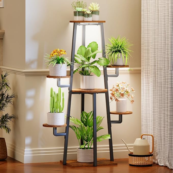 HOOBRO Plant Stand Indoor with Grow Lights, 7-Tier Plant Shelf for Multiple Indoor Plants, 47.2" Corner Plant Stand Organizer with Metal Frame, for Living Room, Balcony, Patio, Rustic Brown BF04DHJ01