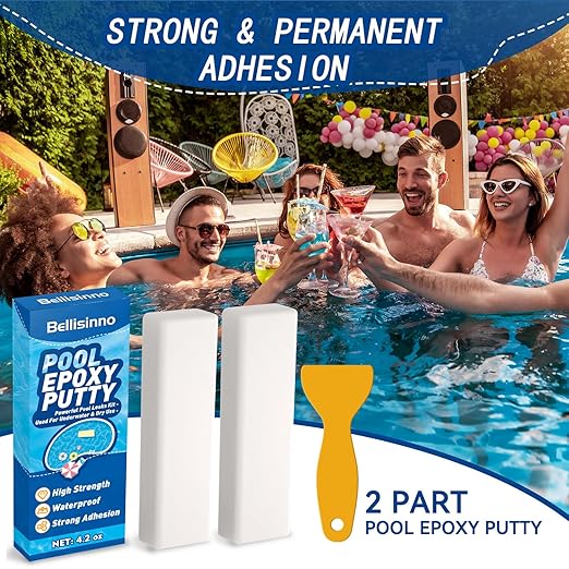 Bellisinno 4.2 oz. White Pool Epoxy Putty, 2-Part Underwater/Above-Water Repair, Fix Leaks, Cracks, Filling, Sculpting, Tile, Concrete, Fiberglass, Cement, Swimming Pool Maintenance Kit