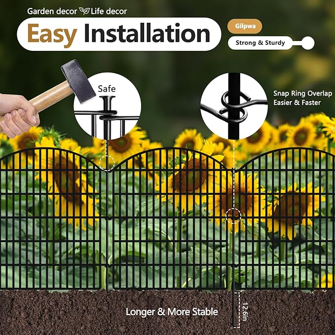 GILPWA 5 Panels Decorative Garden Fence 33in (H) x 12ft (L), Rustproof Metal No Dig Fencing Animal Barrier Border for Dog Rabbit, Flower Edging for Yard & Patio Outdoor Landscape