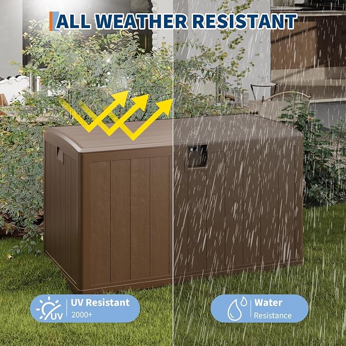 130 Gallon Outdoor Storage Box, Large Resin Deck Box with Hydraulic Air Rod, Lockable Lid & UV Resistant, All-Weather Deck Box for Patio Furniture, Pool Accessories, Gardening Tools, Brown