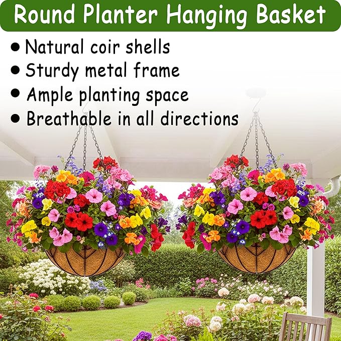 4pcs 14 inch Metal Hanging Baskets Round Wire Plant Stand with Coco Lining Cushion Decorative Planter Hanger Garden Indoor Outdoor Watering Hanging Basket （AX）