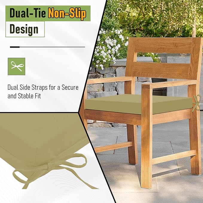 Basic Beyond Outdoor Chair Cushions Set of 4, Square Corner Outdoor Cushions for Patio Furniture, Water Resistant Patio Chair Cushions with 2 Ties, 18.5x16x3, Khaki