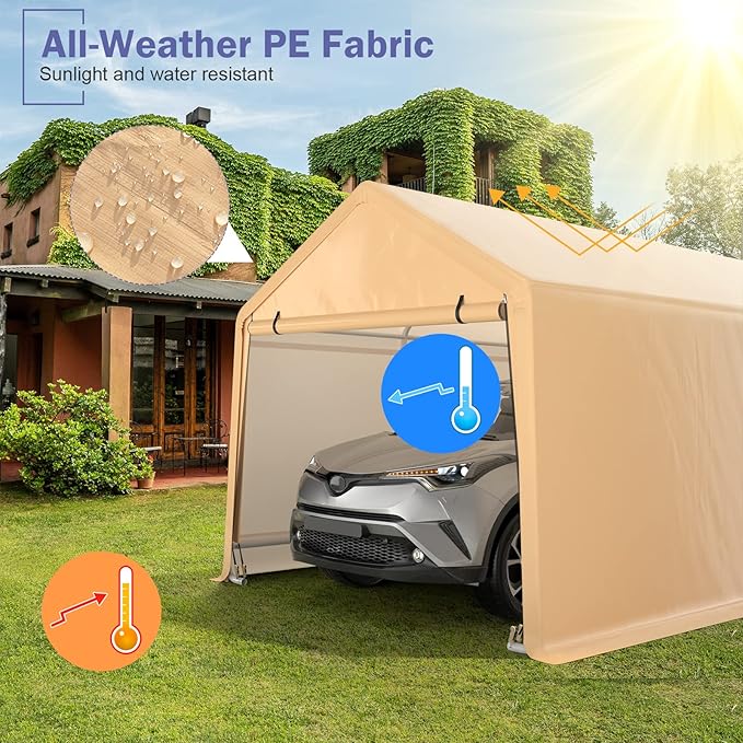 Tangkula 10.5x17 Ft Heavy Duty Carport, Portable Garage with Roll-up Front Door, Metal Car Port with Reinforced Ratchet Straps, Outdoor Car Canopy for Auto, Truck, Boat, SUV