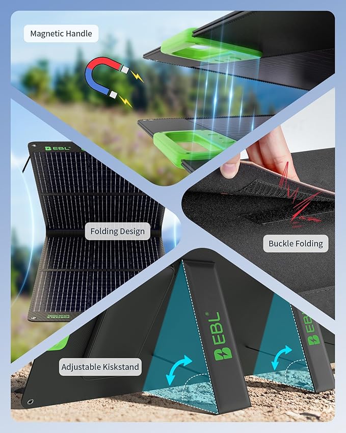 EBL Solar Panel 100W Portable Solar Panel (Upgraded) for 240/300/500/1000/1500/2000 Power Station, with Adjustable Kickstand and Parallel Cable, Waterproof IP65 for Outdoor Camping Hiking RV Trip