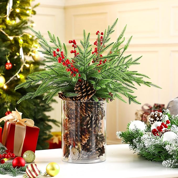 Shappy 42 Pcs Christmas Table Centerpieces DIY Farmhouse Christmas Centerpieces for Dining Table 6 Norfolk Pine Branches 30 Pine Cones 5 Red Berry Stems 1 Glass Vase for Kitchen Tabletop Decorations