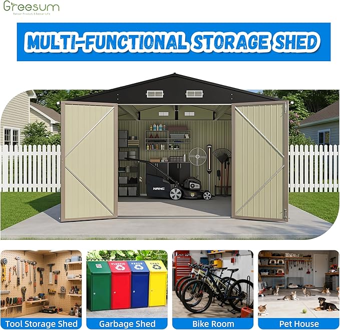 Greesum 10x12FT Outdoor Storage Shed, Utility Tool Shed with Sloping Roof, Metal Storaged Garden Shed with Door & Lock for Patio Storage, Brown