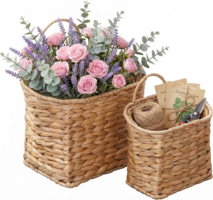 Wicker Hanging Basket Set of 2, Woven Hanging Wall Basket, Natural Water Hyacinth Wall Mounted Storage Basket for Front Door, Entryway, Mail, Flowers, Plants, Farmhouse Decor