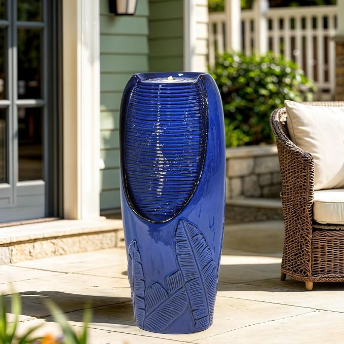 AUTODAYA 33" Tall Outdoor Garden Fountain with LED Lights, Modern Ceramic Jar Water Fountain, 3D Tropical Leaf Pattern, Cobalt Blue Glaze, Soothing Cascading Waterfall for Relaxing Patio, Yard, Porch