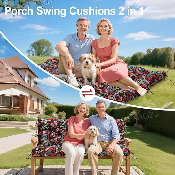 Porch Swing Cushions Outdoor 60 inch Waterproof Thicken 5" Swing Cushions Replacement with Backrest and Ties for Outdoor Furniture Porch Patio Garden Lawn (Floral Pattern)
