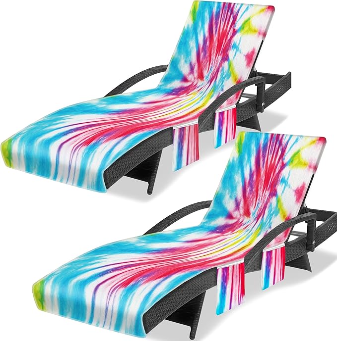 Lounge Chair Towel Cover (Pack of 2), Tie Dye Style Chaise Lounge Cover, Beach Chair Covers with Pockets for Pool Beach Garden Courtyard Outdoor Trips, 85 x30 in, Red Blue
