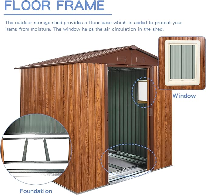YOPTO 6×6 FT Outdoor Metal Storage Shed with Floor Base and Window,Heavy Duty Storage House Shed W/Integrated Punched Vents,Sliding Doors&Padlock,Rust Waterproof Tool Sheds for Garden,Backyard,Coffee