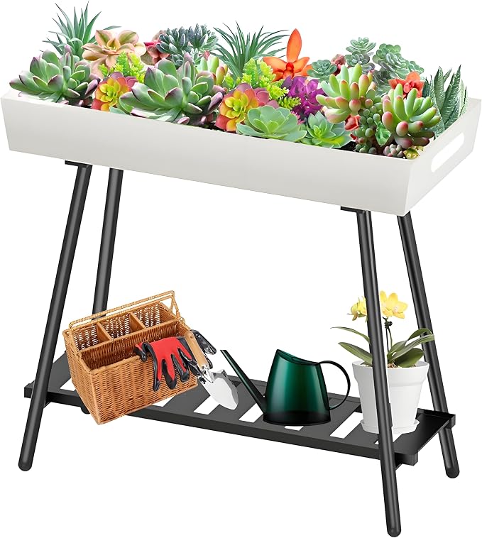2-Tier Aluminum Plant Stand Indoor Outdoor with Built-in Handles, Anti-Fall Top Storage Box, Heavy Duty Multi-Use Plant Rack & Display Shelf for Patio Garden Lawn Balcony Living Room