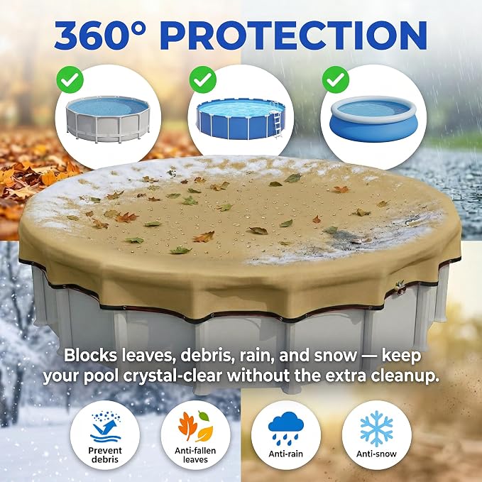 [Ultra Thick] 21FT Round Winter Pool Covers for Above Ground Pool Covers Easy Install 195GSM 500D,UV & Tear Resistant, Upgraded Heavy-Duty Winch, Reinforced Edges,Extra 4Ft Overlap Beige