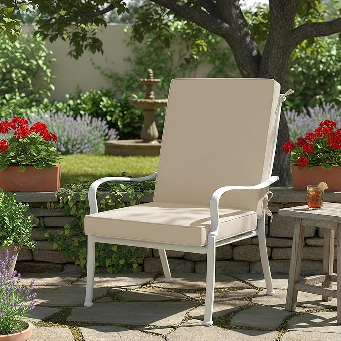 Summsun Outdoor Dining Chair Cushions, Water Resistant High Back Patio Seat Cushion Set with Ties, Removable Covers, Non-Slip Bottom for Garden Lawn Patio Furniture, 44 x 20 Inch, Cream