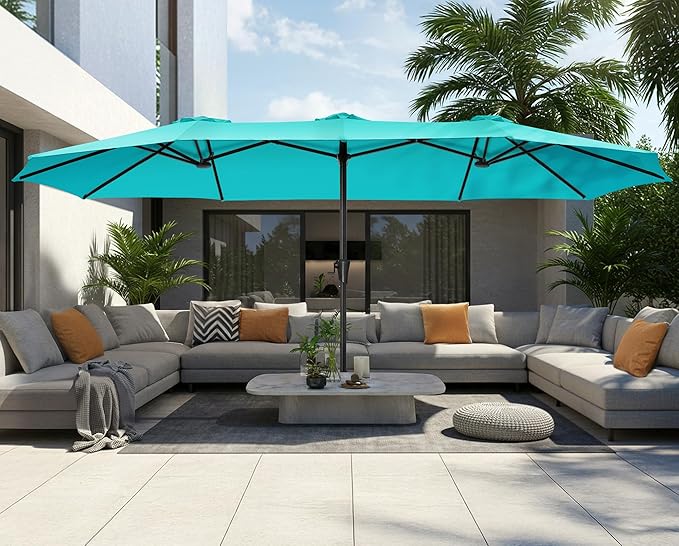 SUPERJARE 15FT Outdoor Umbrella for Patio, Double sided Pool Umbrellas with Fade Resistant Canopy, Large Table Umbrella for Deck, Market, Backyard - Light Blue(No Base)